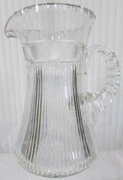 Vintage Drink PITCHER, Heavy LEAD CRYSTAL, Ribbed Pattern, Applied Handle, Large Appx 9' Tall