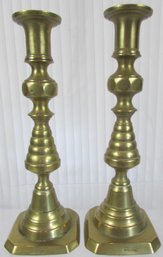 Set Of 2! Vintage Matched CANDLESTICKS, Turned BRASS Finish, Made In ENGLAND, Approx 9'