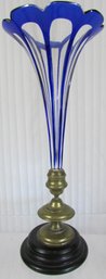 Vintage Art Glass VASE, Cobalt Blue TRUMPET Shape, Brass Fitting With Marble Base, Approx 13' Tall