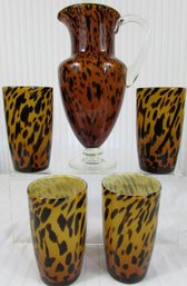 Lot Of 5 Pieces! Vintage PITCHER & GLASSES Set, Animal Cheetah Pattern, Applied Handle, Large Appx 11' Tall