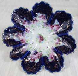 Vintage Fine China BOWL, Scalloped Edge, Cobalt Blue & VIOLET Flowers Pattern, Gold Trim, Appx 7'