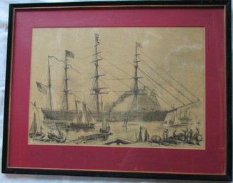 Vintage LEVIATHAN CLIPPER SHIP Print, From: 'history Of New York Ship Yards,' Approx 27' X 21,' Framed