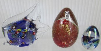 Set Of 3! Vintage Art Glass Paperweights, Multicolor ANGEL FISH & EGG Shape Novelty Designs, Includes MDINA