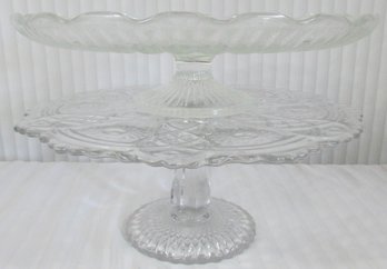 Set Of 2! Vintage Cake Stands, Pressed Glass, Pedestal Base, Large Appx 12' Diameter