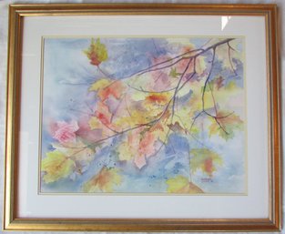 Signed HANNELORE LIVADAS, Original Watercolor On Paper, SUN ON MAPLE LEAVES, Approx 36' X 30,' Nicely Framed