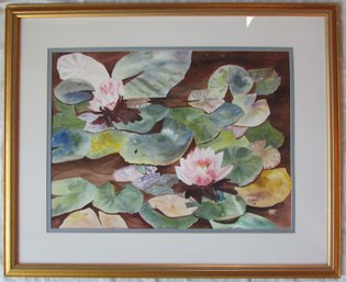 Signed HANNELORE LIVADAS, Original Watercolor On Paper, WATERLILIES, Approx 41' X 33.5,' Nicely Framed