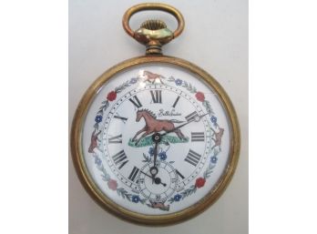 Signed BELLE SWISS, Vintage POCKET WATCH, STALLION Horse, Gold Base Metal Finish