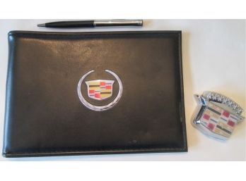 LOT Of 3 Pieces! Vintage GM CADILLAC Items, LEATHERETTE FOLIO, Ballpoint PEN, 70s Trunk Lock Cover