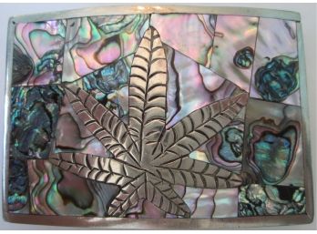 Signed Vintage BELT BUCKLE, Inlaid ABALONE MARIJUANA Leaf Design In Silver Tone Base Metal Finish