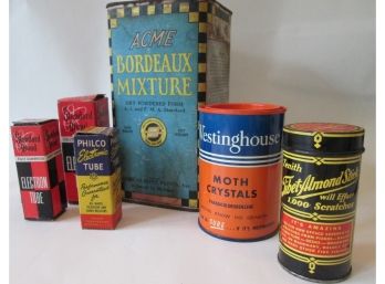 LOT Of 7! Vintage Advertising TINS & CONTAINERS, 4 TUBES: Philco, Standard Brand, Westclox