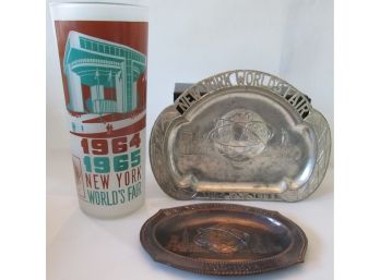 SET Of 3 Pieces! Vintage 1964-65 New York WORLDS FAIR Items, PORT AUTHORITY Tumbler, UNISPHERE Ash Trays