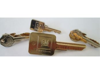 SET Of 4! Vintage NECK TIE CLIPS, Advertising GENERAL MOTORS Ignition Keys, Gold Plated