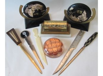 SET Of 9 Pieces! Vintage DESK ACCESSORIES, Perpetual Calendars, Letter Openers, Coin Paperweight