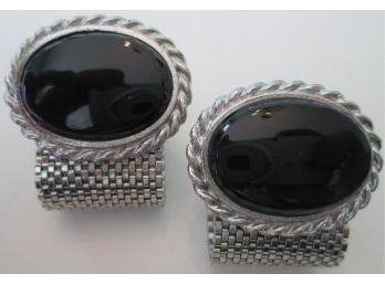 SET Of 2! Vintage CUFF LINKS, Silver Tone Base Metal Mesh, Black Oval Inserts