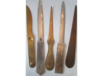 SET Of 5 Pieces! Vintage LETTER OPENERS, Advertising Including COLUMBIAN ROPE, COHEN BROKERAGE, WALLACE BRADT