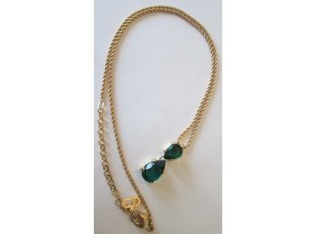 Vintage CHRISTIAN DIOR Costume NECKLACE, Faceted GREEN Sone PENDANT, Gold Tone Base Metal Setting & Chain