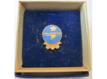 Signed, Vintage Blue 15 Years Of Service, GRUMMAN LAPEL PIN, CRYSTAL STONE Inserts, Gold Tone Finish