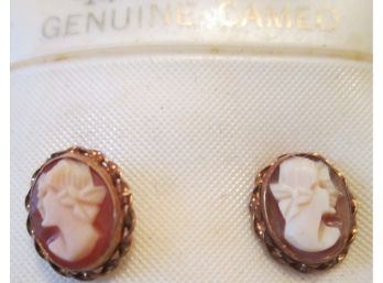 Vintage PAIR Pierced EARRING SET, Figural CAMEO Inserts, Gold Tone Base Metal Settings