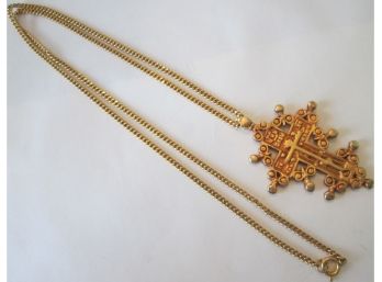 Signed VATICAN, Vintage Elaborate CROSS NECKLACE, Gold Tone Base Metal With Chain