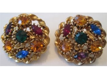 Vintage PAIR CLIP EARRINGS, MULTICOLOR Rhinestone Inserts, Gold Tone Base Metal Finish