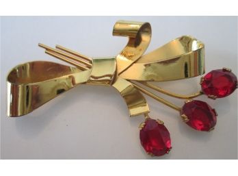 Signed STERLING CRAFT, Vintage BROOCH PIN, FLOWER BOW Design, RED Rhinestones, Gold Tone Finish