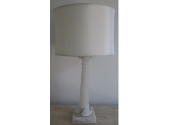 Vintage Table LAMP, White ALABASTER, With Textured Shade And Finial