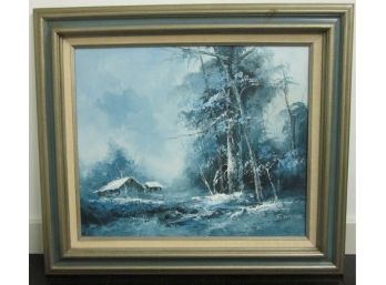 Vintage Original PAINTING, Signed F. HOLTZER, Cabin In Winter 32' X 28' Size, Nicely Framed