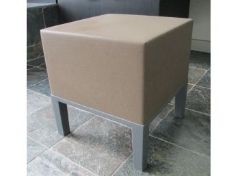 Modern POUF Ottoman, Gray Base, Taupe Leatherette Upholstery, Foam Filling