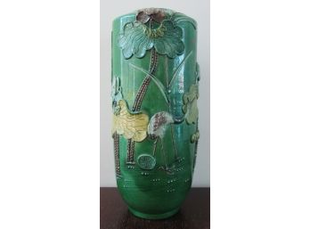 Imported FLORAL VASE, Asian Style LOTUS Flowers, Hand Painted Multicolor With Green Base