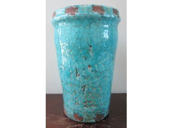 ANTHROPOLOGIE Brand, Imported FLOWER VASE, Aqua Blue Textured Glaze, Cylinder Shape, 12' High X 7' Diameter