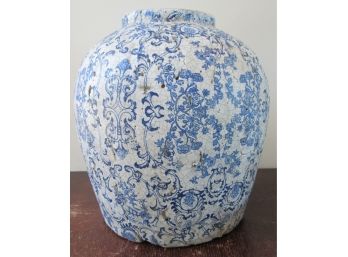 Imported FLOWER VASE, URN Shape, Blue Patterned, Aged Style Glaze, 12' High X 11' Diameter