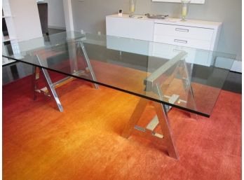 Contemporary RALPH LAUREN HOME, Dining Room TABLE, Chrome Sawhorse Base, Tempered Glass Top