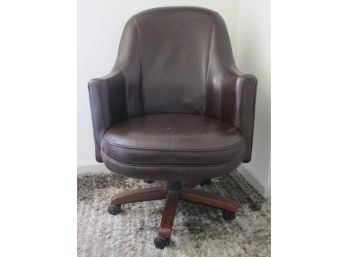 Contemporary SWIVEL Office Chair, BROWN Upholstery, Arms, Wood Base