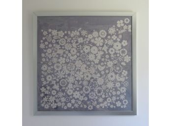 Handmade Original BLOCK Printing, FLORAL And BIRDS, Soft Gray Color, 40' X 40' Large Size, Nicely Framed