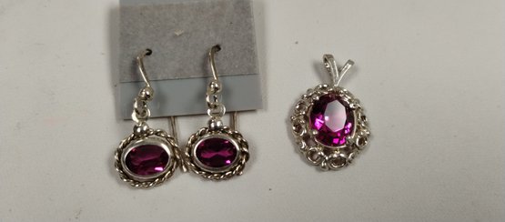 Sterling Silver Pendant And Earrings W/pink CZ