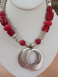 Chicos Red And Silver Tone Necklace