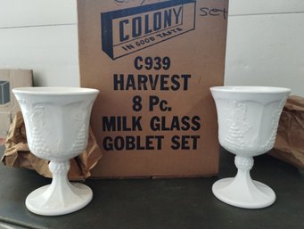 Vintage Milk Glass Harvest Pattern Eight Piece Goblet Set Still In Original Box