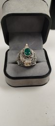 Sterling Silver Overlay Poison Ring W/green Stone Size 8