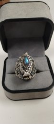 Sterling Silver Overlay Poison W/blue Stone Ring Size 7
