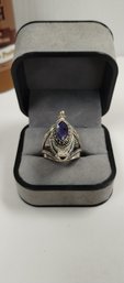 Sterling Silver Overlay Poison Ring W/Blue Stone Size 6