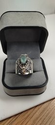 Sterling Silver Overlay Poison Ring  W/aqua Stone Size 7