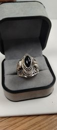 Sterling Silver Overlay Poison Ring W/black Stone Size 8