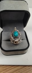 Sterling Silver Overlay Poison Ring W/turquoise (?) Stone Size 7