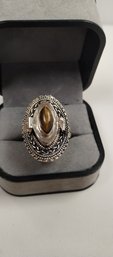 Sterling Silver Overlay Poison Ring W/tigers Eye (?)stone Size 7