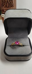 Gold Over Silver W/pink And Clear CZ Ring Size 7
