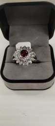 Sterling Silver Garnet And CZ Ring Size 8