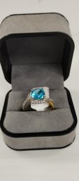Sterling Silver W/gold Plate And Blue Topaz (?) Ring Size 7