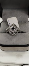 Sterling Silver W/black Spinel And Marcasite Ring Size 6