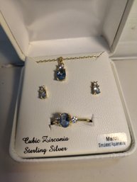 Gold Over Sterling March Birthstone Earrings Necklace And Ring Size 8