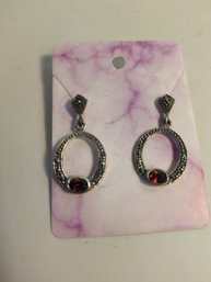 Vintage Sterling Silver Marcasite And Garnet (?) Earrings